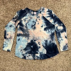 NEW Dark Blue Cream Tie Dye Long Sleeve Pullover Top With Front Pouch Pocket 2XL